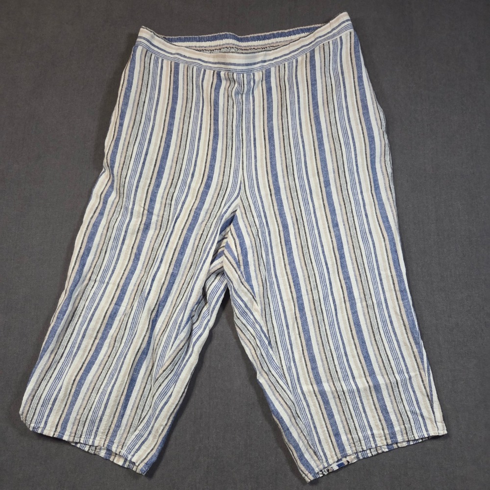 Woman Within Cropped Pants Women 18W Petite Blue Striped Linen Elastic Waist